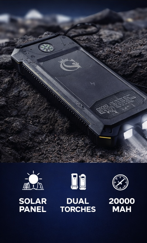 20000mAh Solar Power Bank with Dual LED Torch & Compass